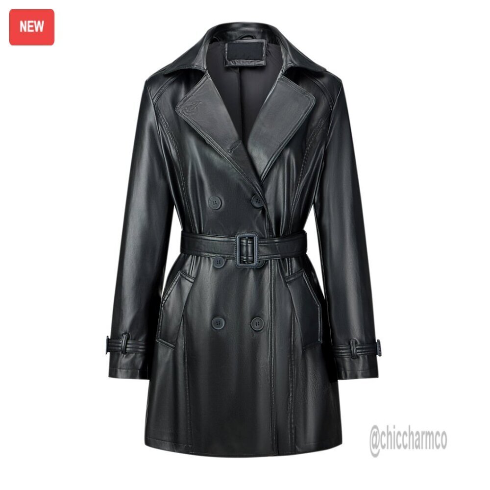 Faux Leather Trench Coat with Belt, Oversize Fit, Mid-Length
